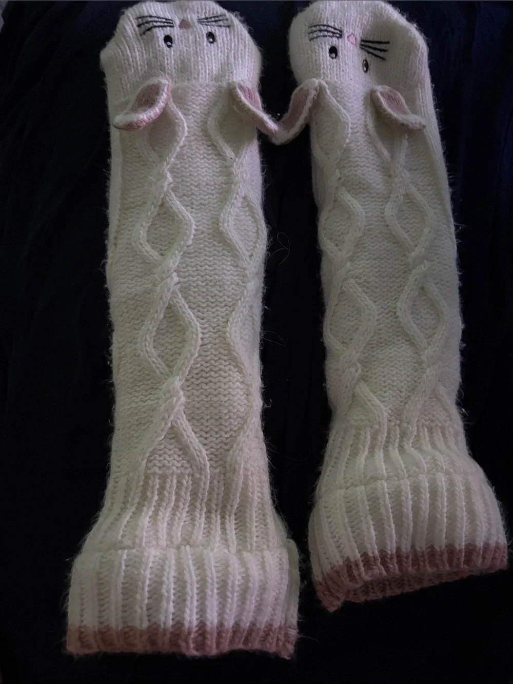 Cream Knit Cat Face Pet Socks with Bunny Ears